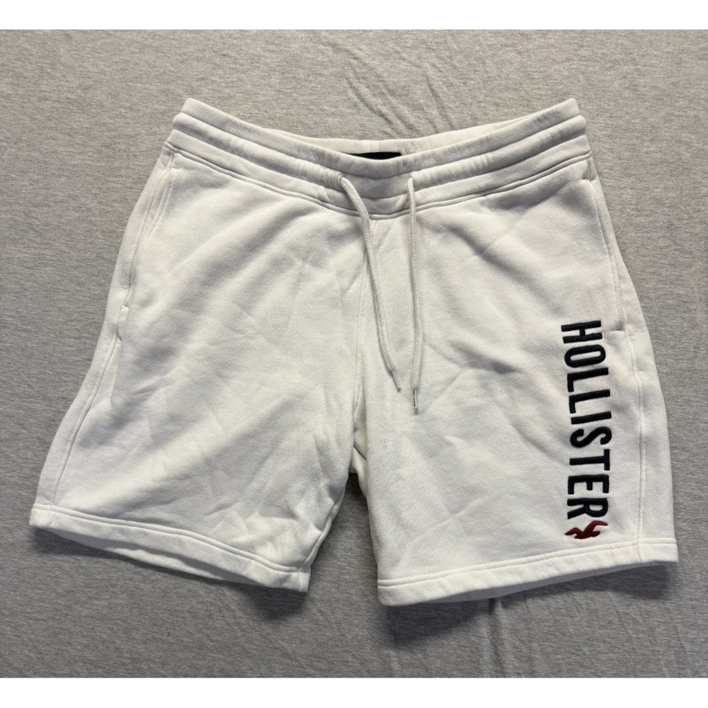 Hollister Sweat Shorts Mens Small White Embroidered Logo Fleece Lined Drawstring